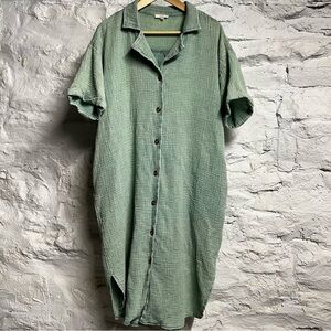 Blue green cotton waffle pattern button up long tee dress or cover up